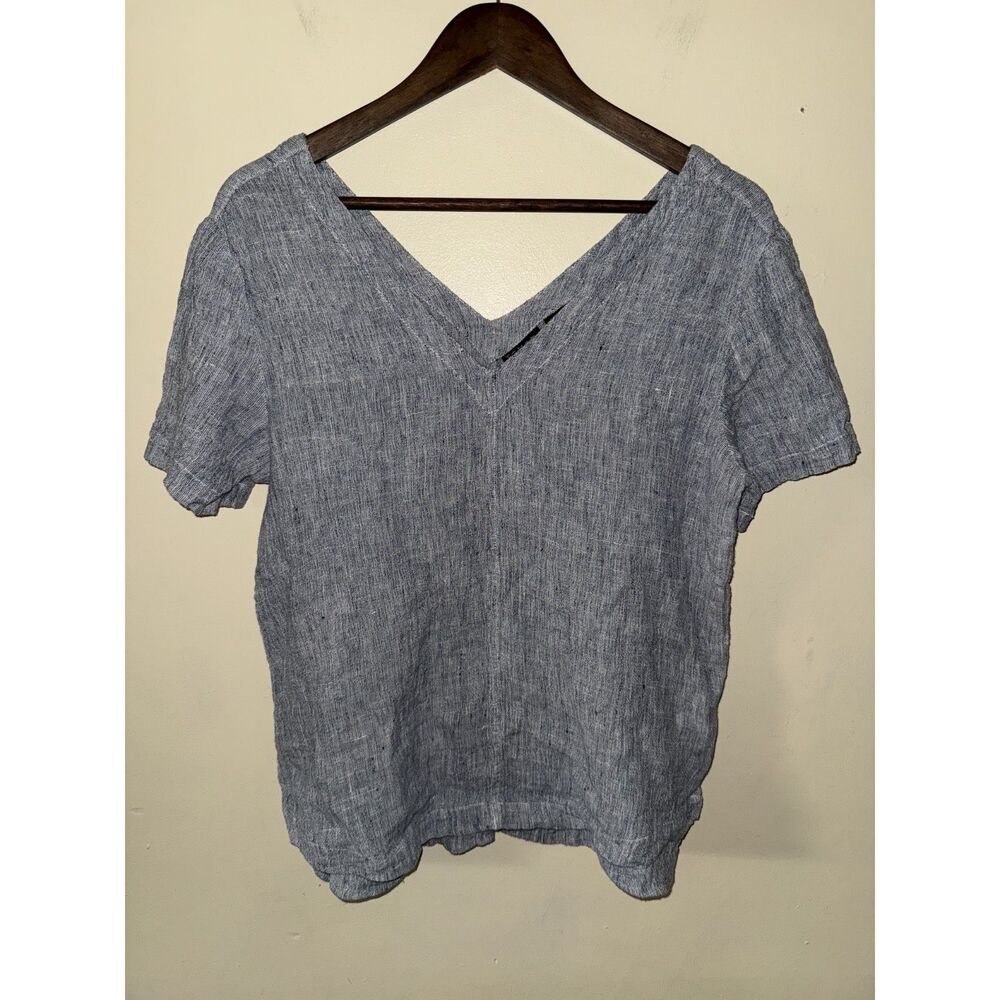 TAHARI 100% Linen V-Neck Short Sleeve Top Blue Gray Melange Women's Size Small